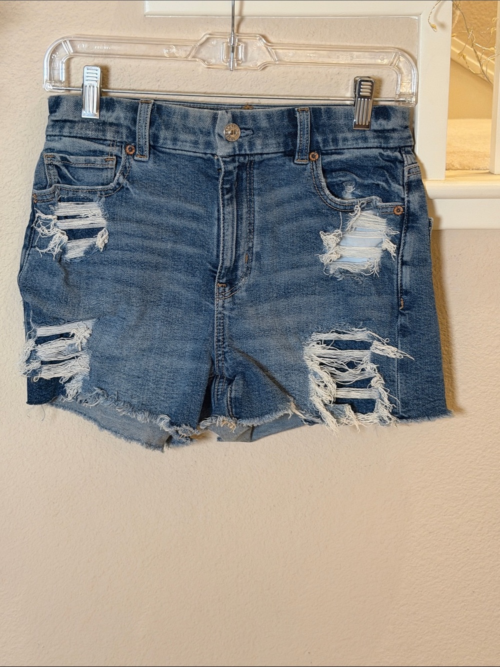 American Eagle Curvy Mom Distressed High-Rise Denim Shorts - Blue